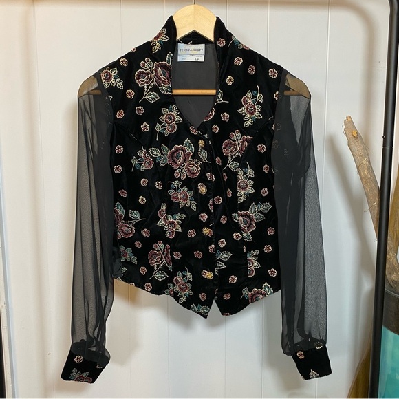 Vintage Jessica Scott Sheer Mesh Velvet Button Top Floral Flowers Black Jacket - Picture 2 of 12